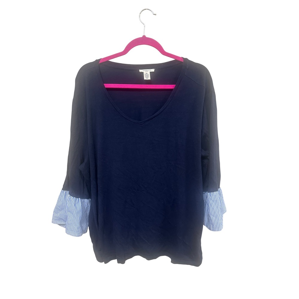 Westbound Woman Navy Blue V-Neck Top Striped Flounce Cuff Plus Size 2X